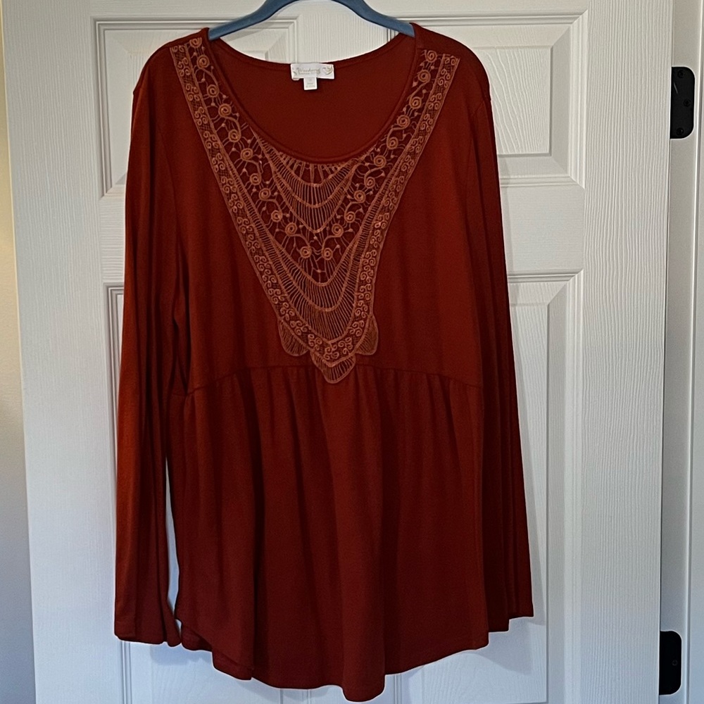 Women’s Long Sleeve Orange Top with Crocheted Detail